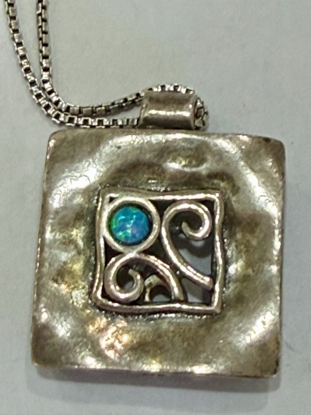 Sterling Silver Square Pendant Necklace with Opal Gemstone 925 20” chain